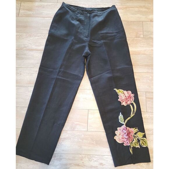 Bob Mackie 12 Linen Blend Pants Floral Art‎ Black Embroidered Lined - Picture 1 of 7